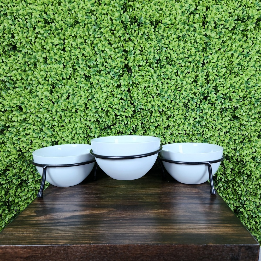 White Essentials 3 Tier Ceramic Serving Bowl Set with Black Metal Stand